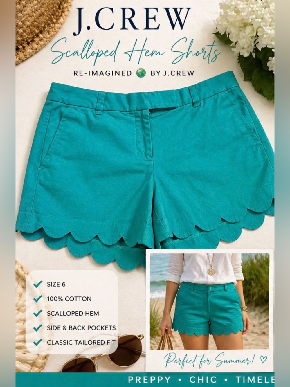 J.Crew Re-Imagined Scalloped Hem Shorts Size 6 Teal Green Cotton Preppy Chic